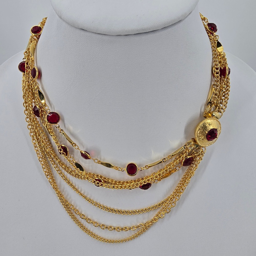 Vintage Multi Strand Red Crystal Necklace Gold Tone Bezel Set Layered Statement